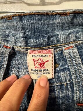 True Religion Jeans Patch with Red Logo on Light Blue Denim